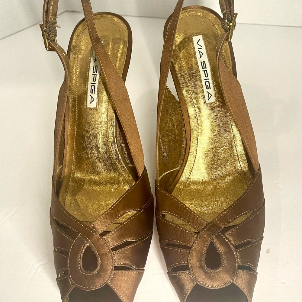Via Spiga Vero Cuoio Copper Brown Satin Square Peep-Toe Slingbacks